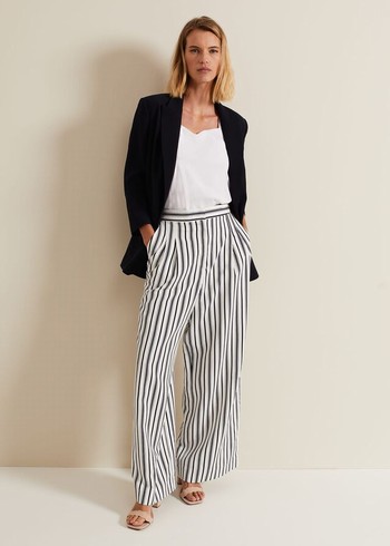 Phase Eight Selene Striped Wide Legs Trousers Navy/White Canada | QBEFAJ-762